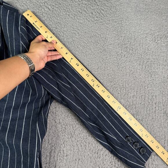 Free People Ashby Blazer Womens S Navy Blue Pinstriped Linen Double Breasted - Picture 11 of 12